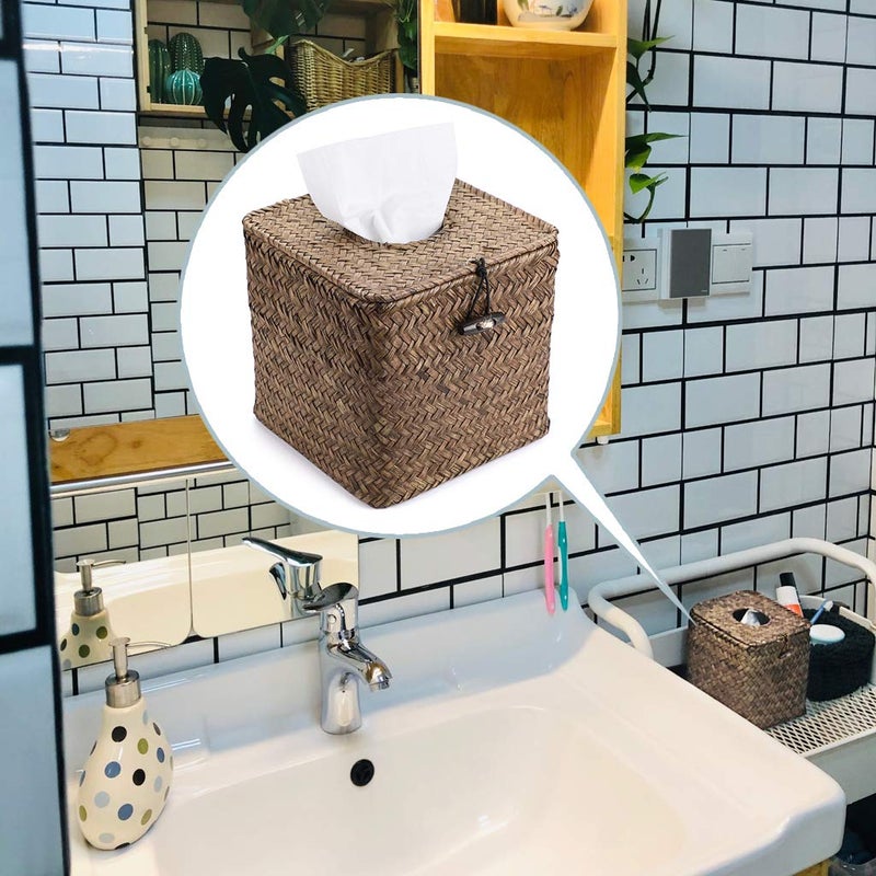 Sumnacon Tissue Box Cover Square Seagrass Tissue Box with Lid, Woven Tissue Box Holder Rustic Cube Tissue Cover for Bathroom Toilet Bedroom Living Room Kitchen Table Desk Office Car, Coffee - Image 4